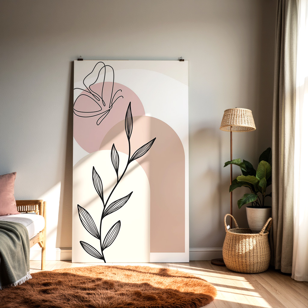 Minimal Botanical Wall Art – Butterfly and Leaf Line Design — alternate view