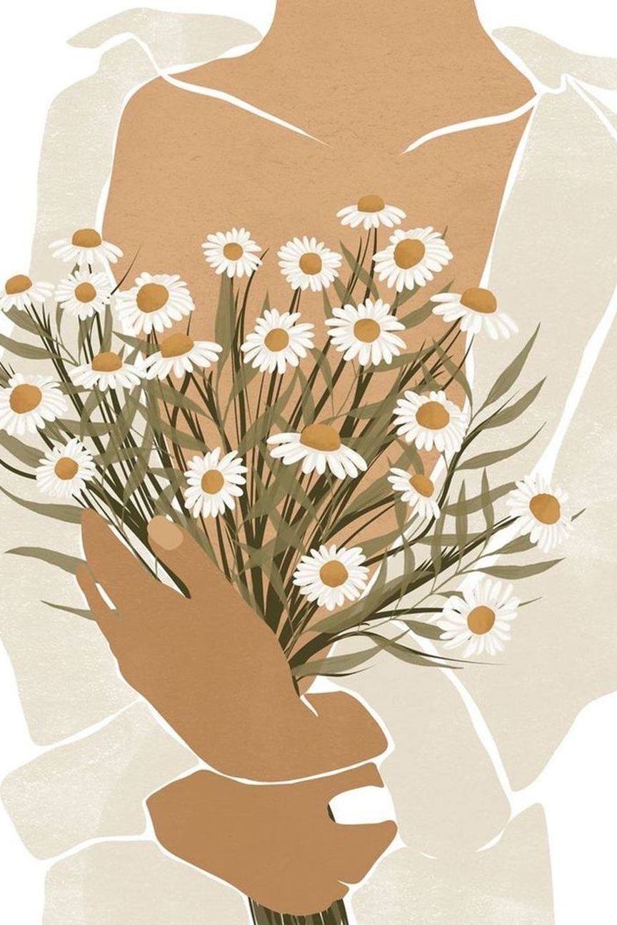 Minimalist Woman Holding Daisies – Floral Art Print