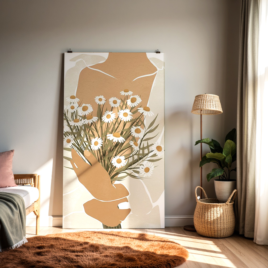 Minimalist Woman Holding Daisies – Floral Art Print — alternate view