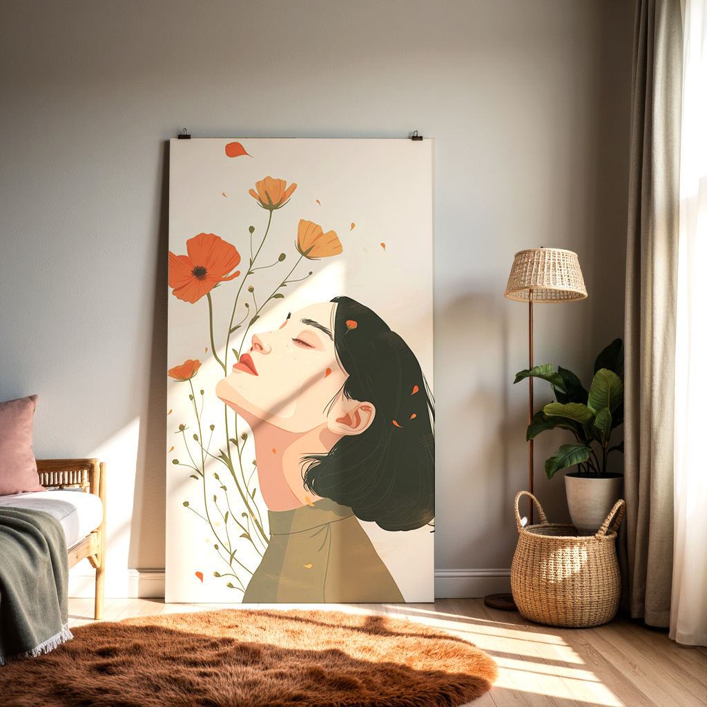 Serene Woman with Flowers – Mindful Floral Art Illustration — alternate view