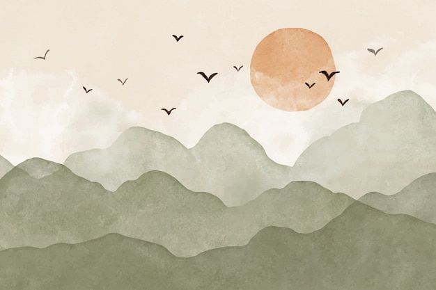 Minimal Landscape Wall Art – Sunrise Over Green Mountains