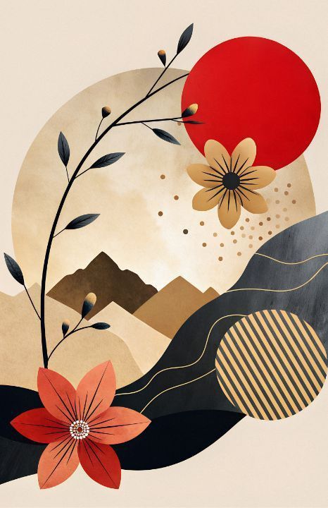 Abstract Floral Landscape Wall Art – Modern Red and Gold Design