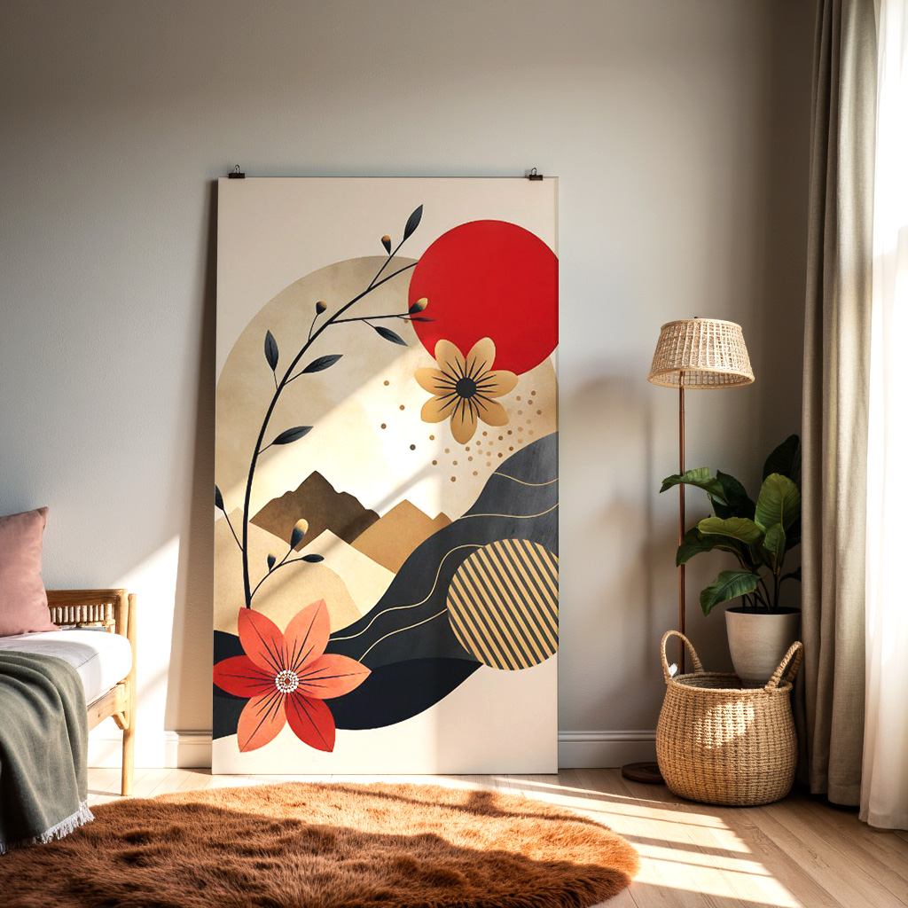 Abstract Floral Landscape Wall Art – Modern Red and Gold Design — alternate view