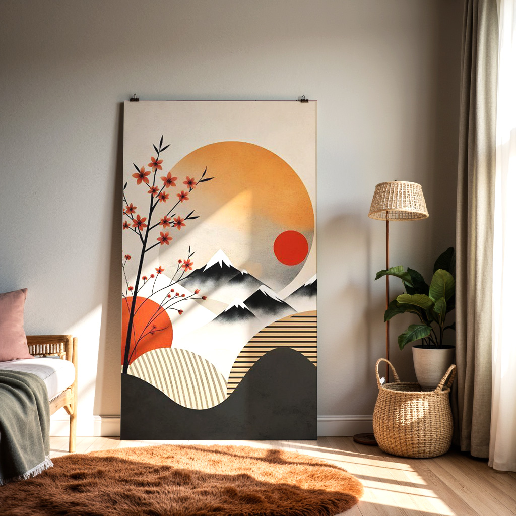 Japanese Sunrise Mountain Art Print – Modern Oriental Wall Décor — alternate view