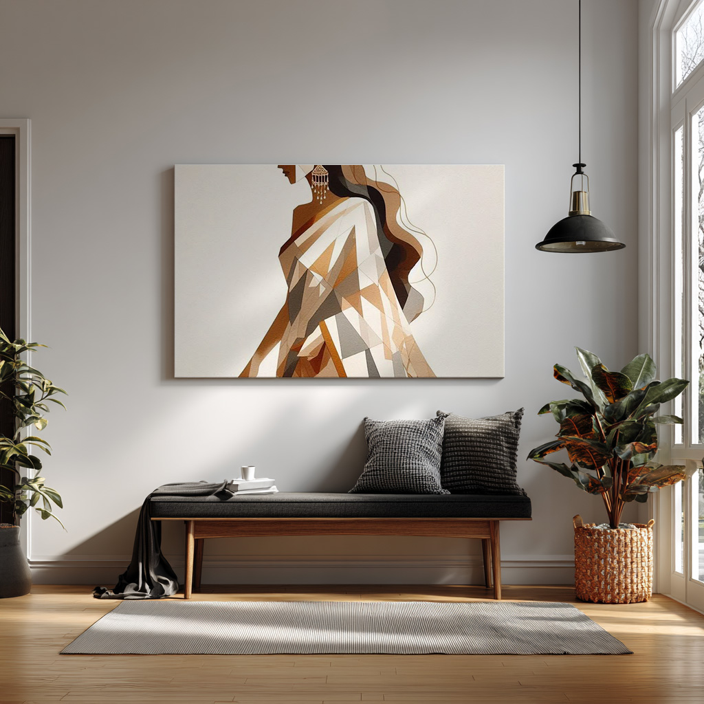 Modern Indian Woman Wall Art – Abstract Geometric Saree Design — alternate view