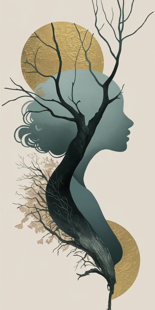 Nature and Woman Silhouette Wall Art – Abstract Gold and Teal Design