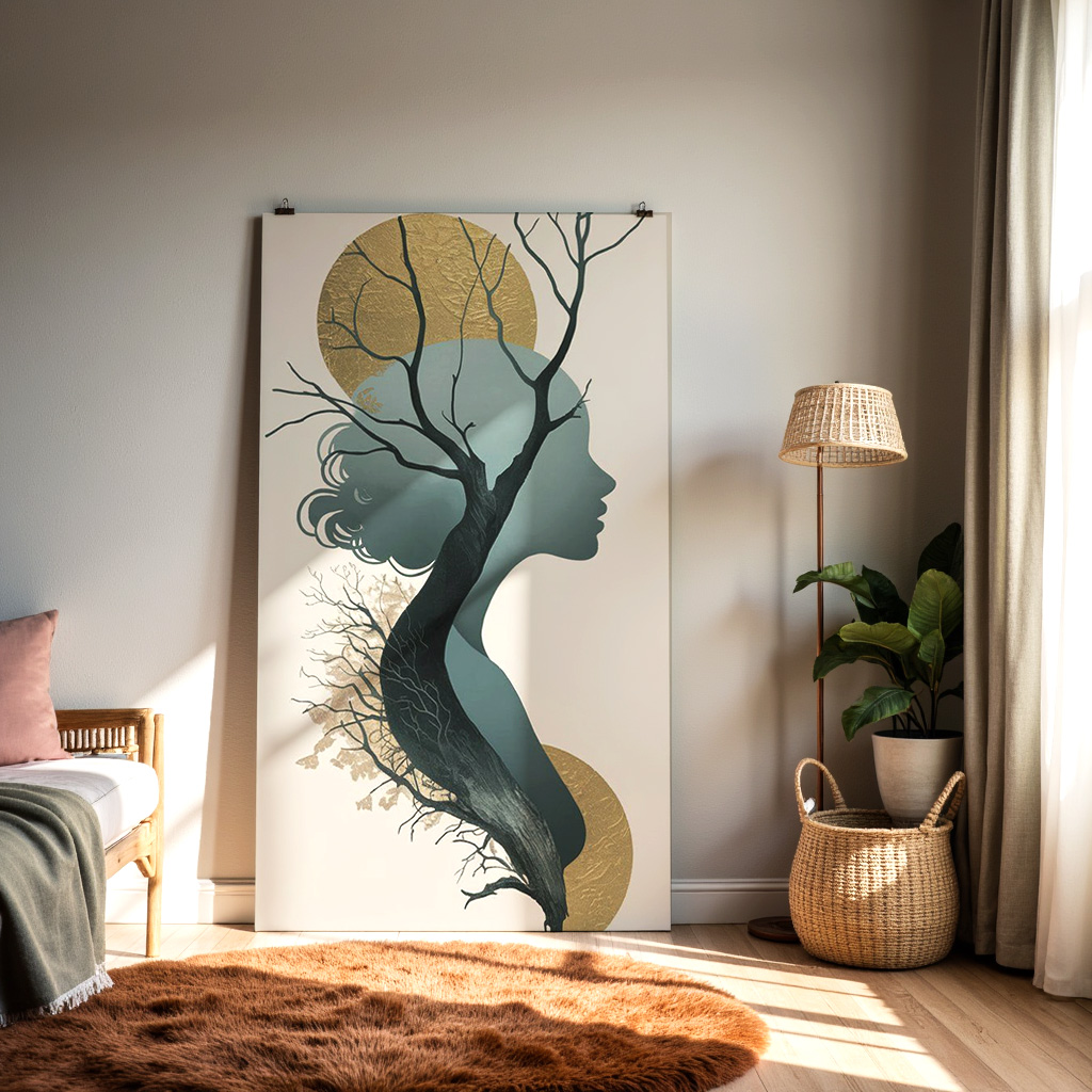 Nature and Woman Silhouette Wall Art – Abstract Gold and Teal Design — alternate view