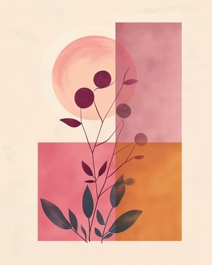 Modern Abstract Botanical Wall Art – Pink and Orange Geometric Design