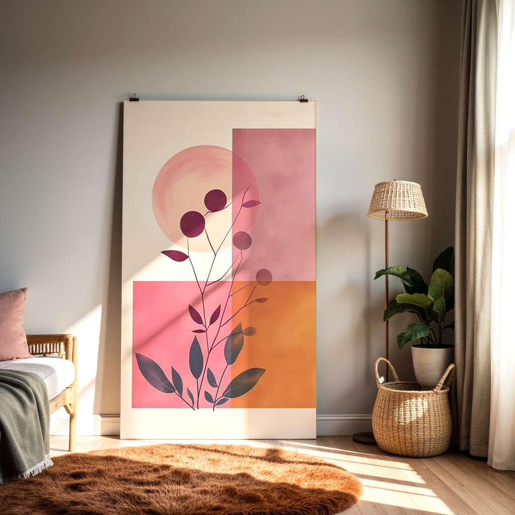 Modern Abstract Botanical Wall Art – Pink and Orange Geometric Design — alternate view