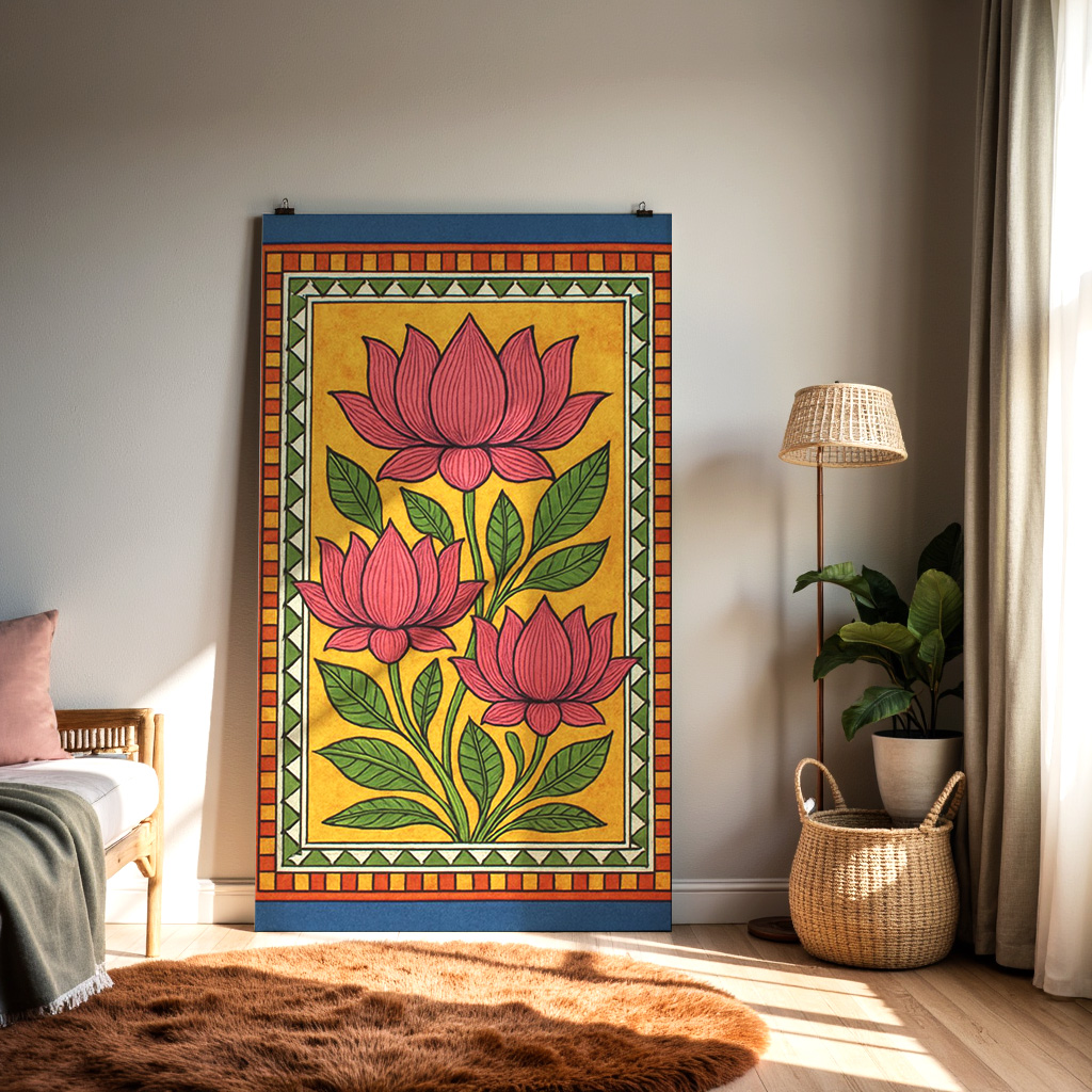 Traditional Indian Lotus Folk Art Print – Vibrant Floral Wall Décor — alternate view