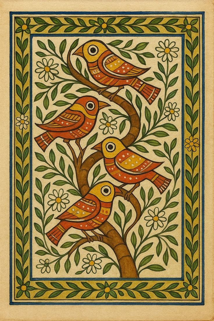 Traditional Indian Folk Art Bird Illustration – Vibrant Handcrafted Wall Décor