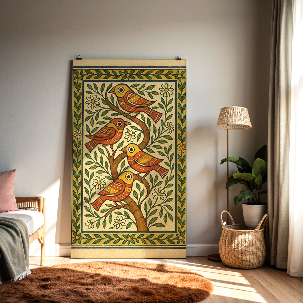 Traditional Indian Folk Art Bird Illustration – Vibrant Handcrafted Wall Décor — alternate view