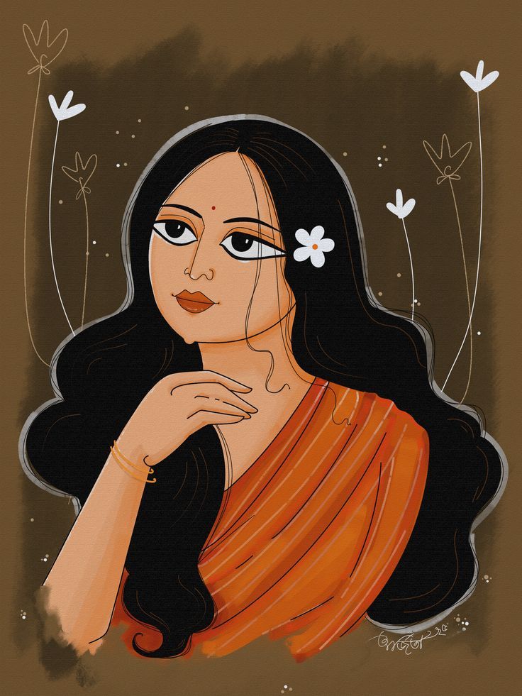 Elegant Indian Woman Illustration – Modern Folk Art Portrait Wall Décor
