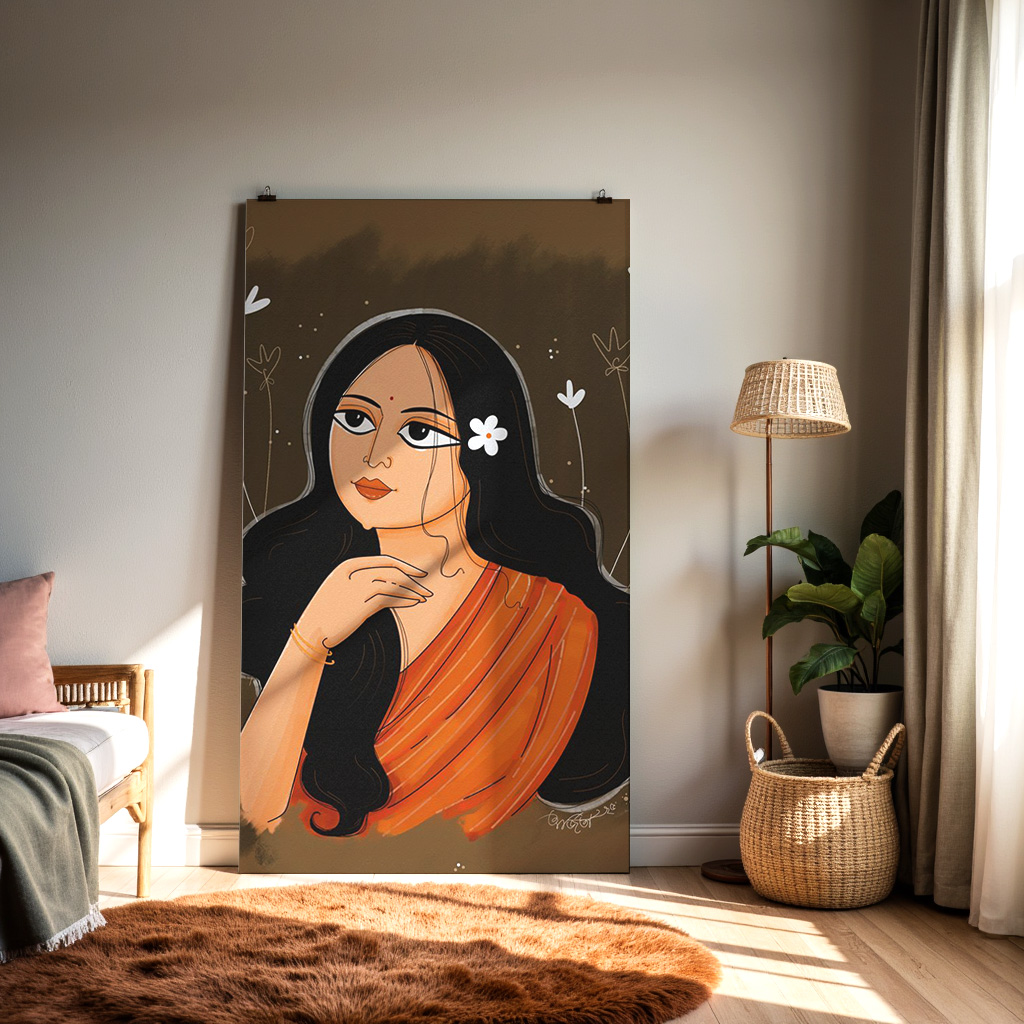 Elegant Indian Woman Illustration – Modern Folk Art Portrait Wall Décor — alternate view
