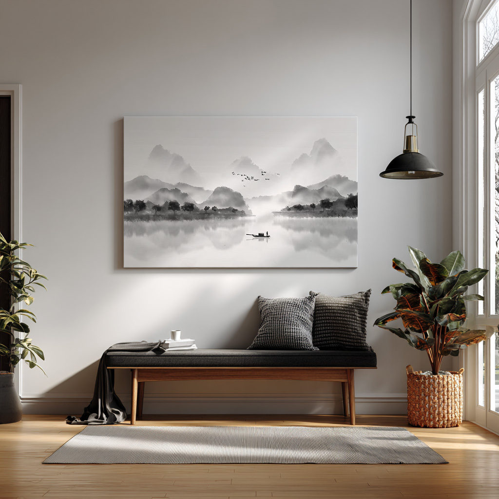 Minimalist Asian Landscape Wall Art – Serene Ink Wash Mountain & Lake Scene — alternate view