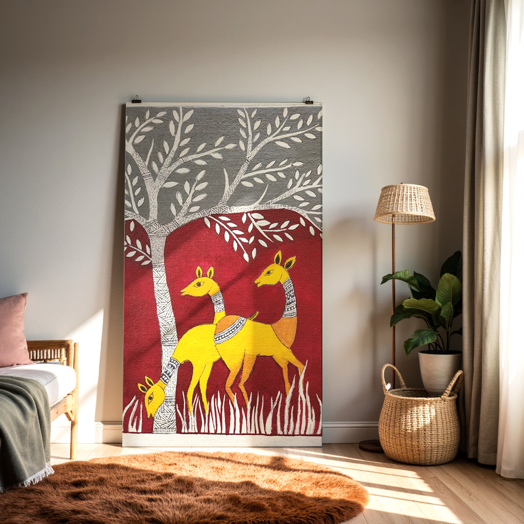 Folk Art Deer Painting – Traditional Tribal Style Nature Wall Art — alternate view