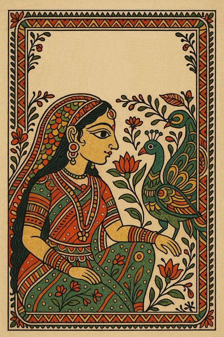 Traditional Madhubani Folk Art – Woman With Peacock | Vibrant Indian Tribal Painting