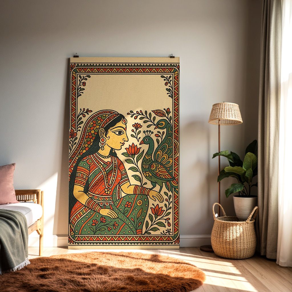 Traditional Madhubani Folk Art – Woman With Peacock | Vibrant Indian Tribal Painting — alternate view