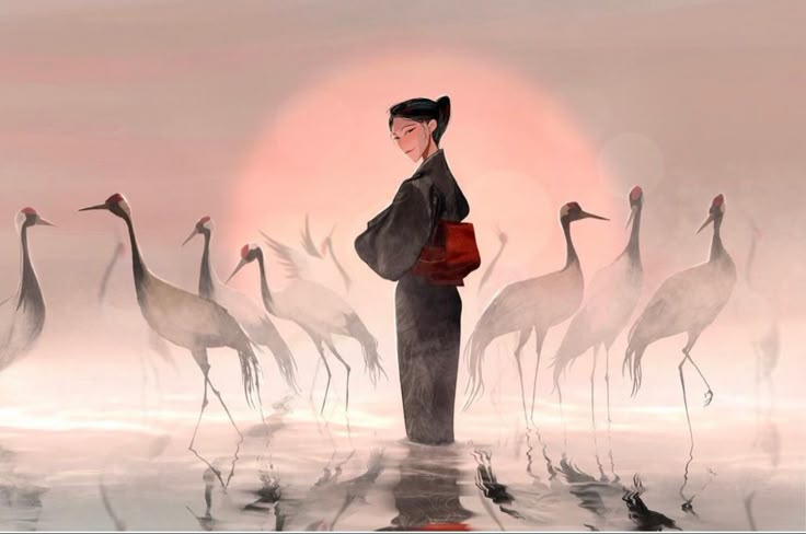 Elegant Japanese-Inspired Art – Woman in Kimono with Cranes | Serene Minimalist Illustration