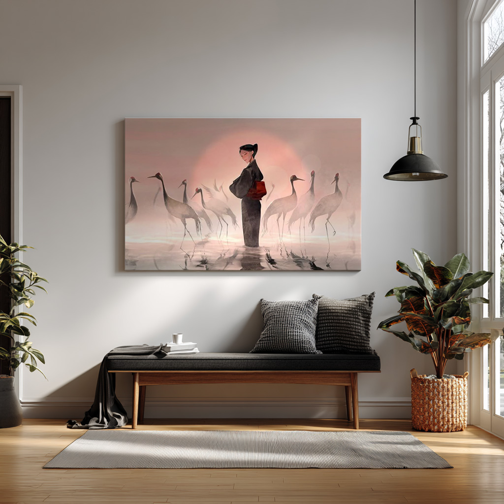 Elegant Japanese-Inspired Art – Woman in Kimono with Cranes | Serene Minimalist Illustration — alternate view