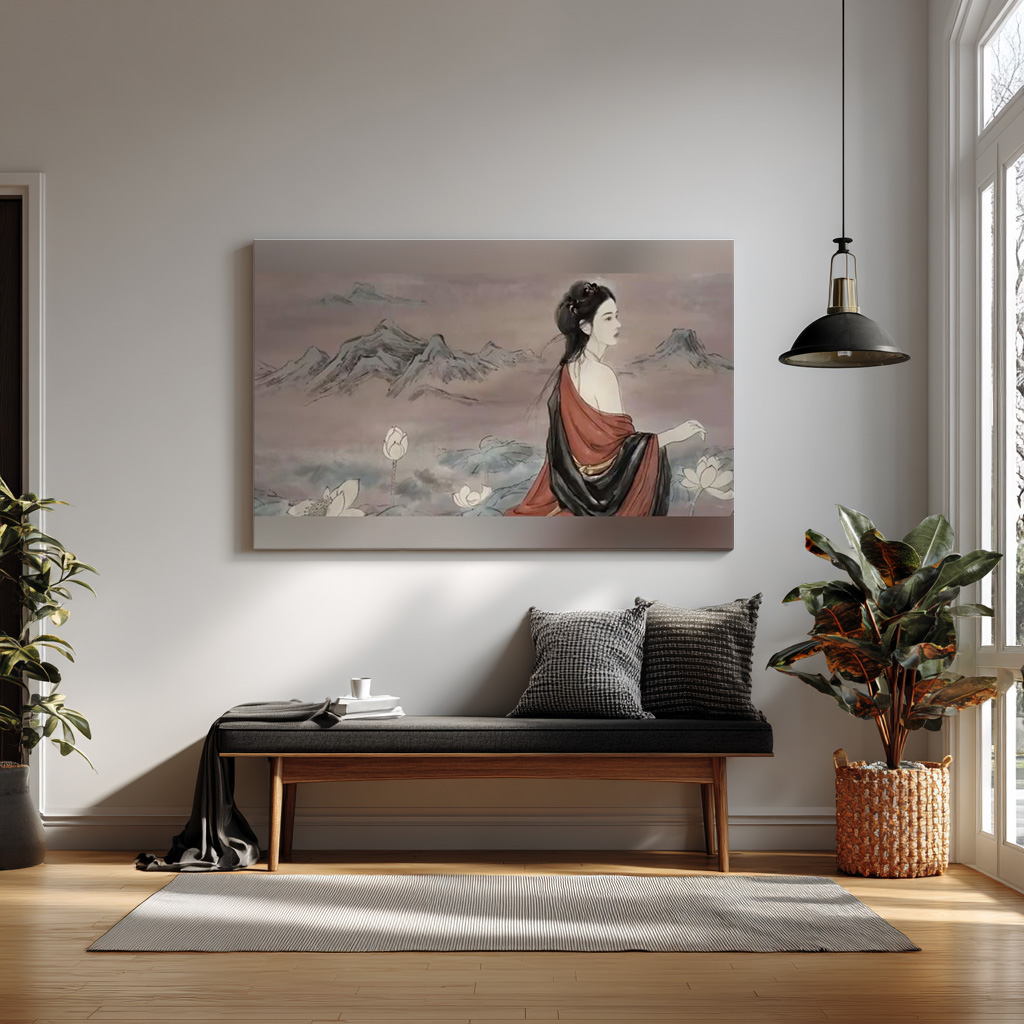 Elegant Oriental Ink Painting – Woman Among Lotus & Mountains | Classic East Asian Art — alternate view