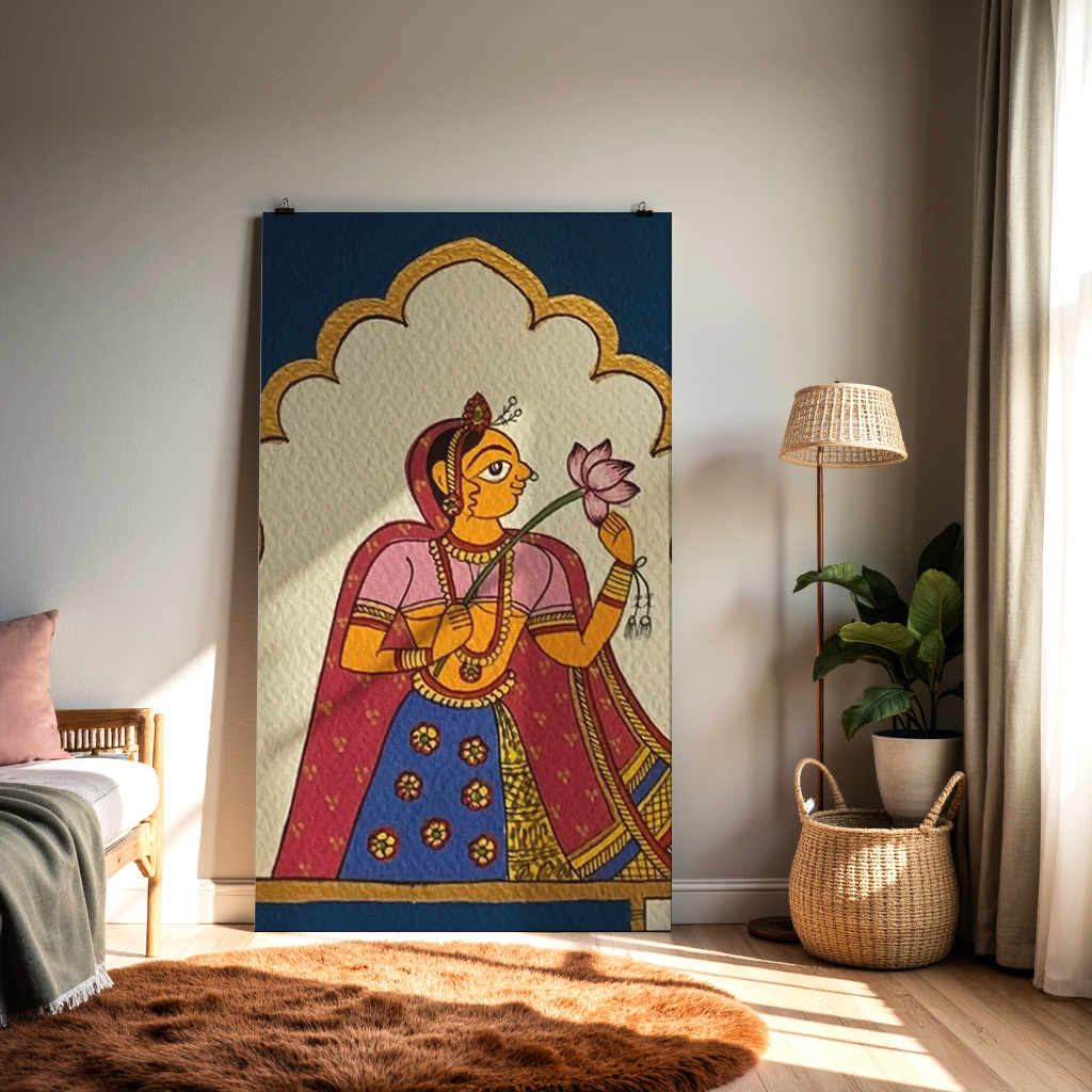 Traditional Rajasthani Miniature Painting – Royal Lady with Lotus | Indian Folk Art — alternate view