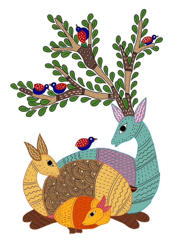 Vibrant Gond Tribal Art – Deer, Birds & Forest Harmony | Traditional Indian Folk Painting