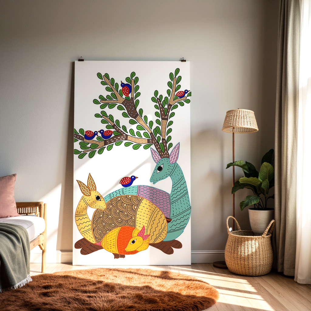 Vibrant Gond Tribal Art – Deer, Birds & Forest Harmony | Traditional Indian Folk Painting — alternate view