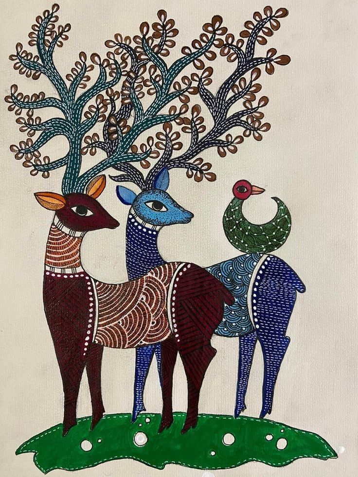 Gond Tribal Art of Deer & Peacock – Vibrant Forest Folk Painting