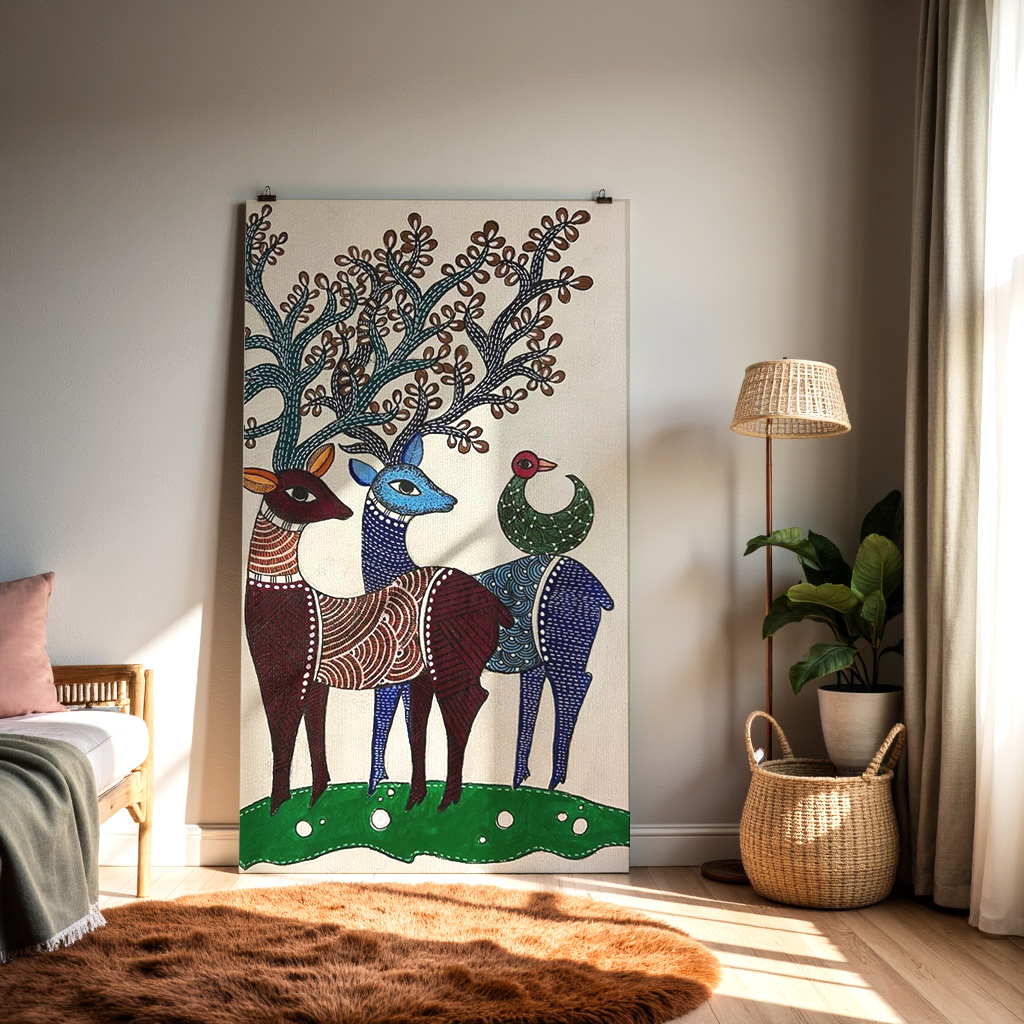 Gond Tribal Art of Deer & Peacock – Vibrant Forest Folk Painting — alternate view