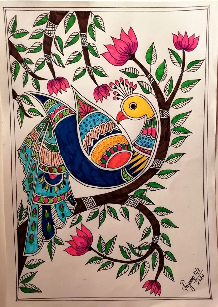 Vibrant Madhubani Peacock Painting – Traditional Indian Folk Art Wall Décor