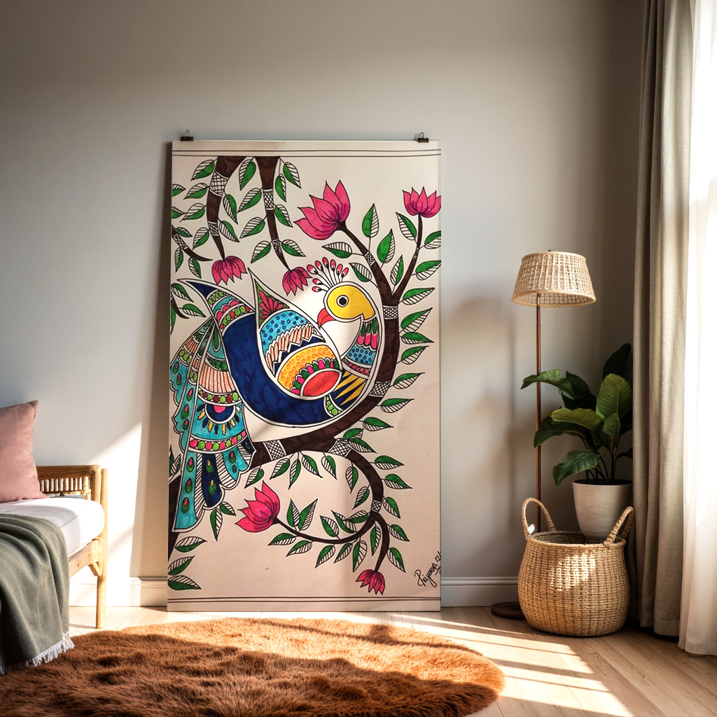 Vibrant Madhubani Peacock Painting – Traditional Indian Folk Art Wall Décor — alternate view