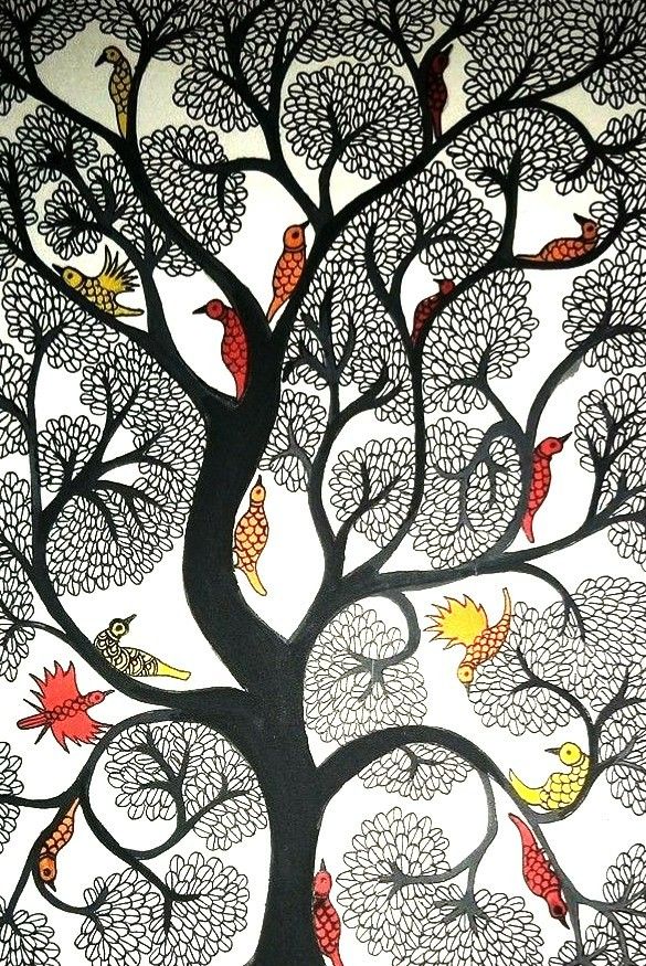 Elegant Folk Art Tree of Life with Colorful Birds – Intricate Black Linework Illustration