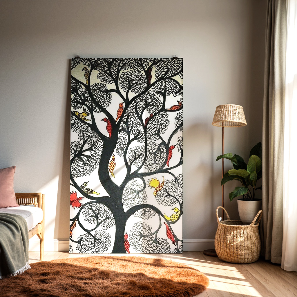 Elegant Folk Art Tree of Life with Colorful Birds – Intricate Black Linework Illustration — alternate view
