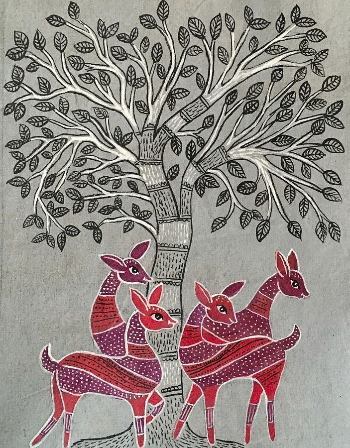 Folk Art Deer Family Under Tree – Traditional Tribal Nature Illustration