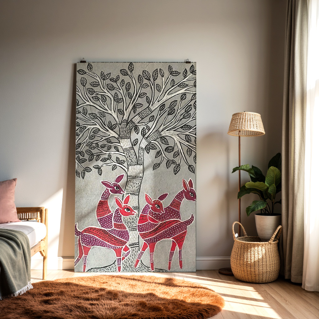 Folk Art Deer Family Under Tree – Traditional Tribal Nature Illustration — alternate view
