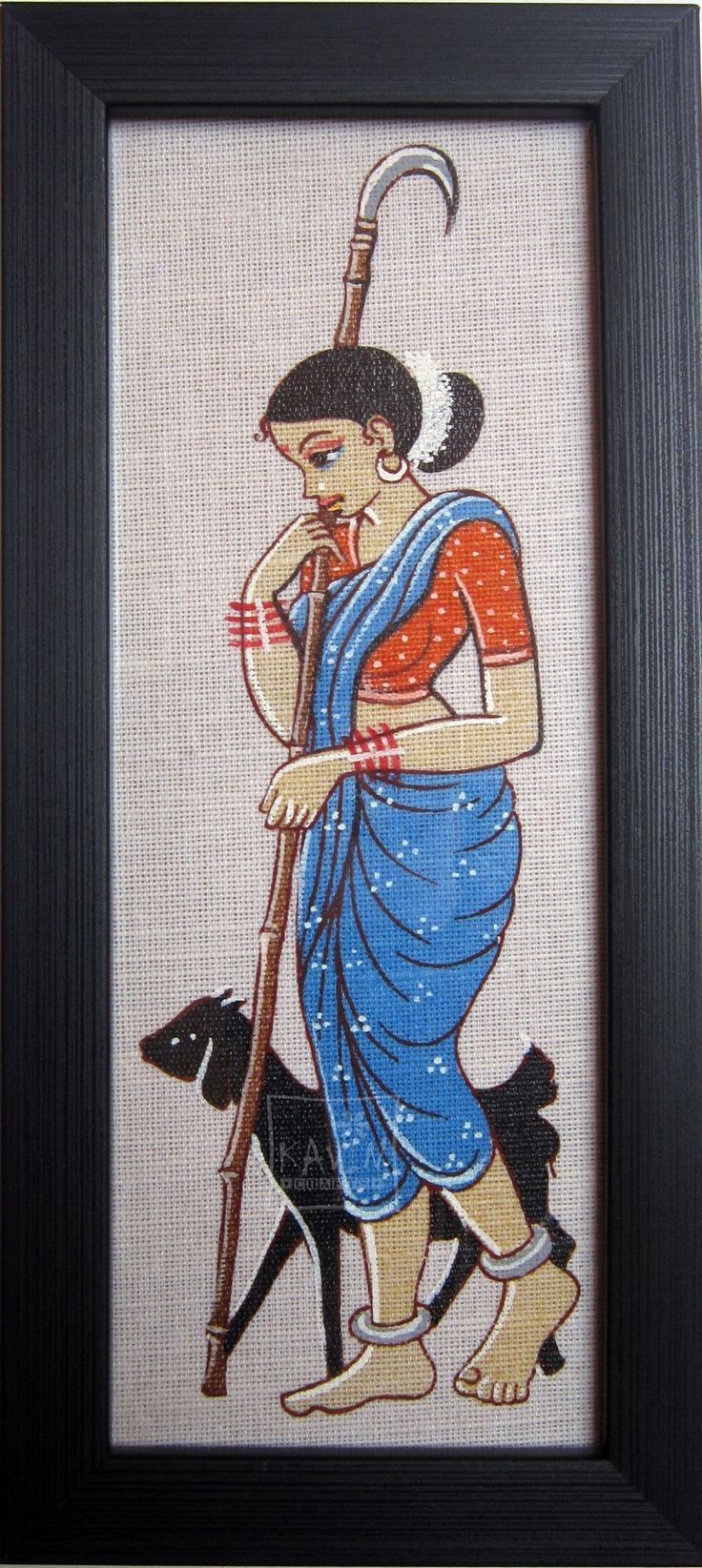 Folk Art Shepherd Woman with Staff – Traditional Rural Figurative Painting