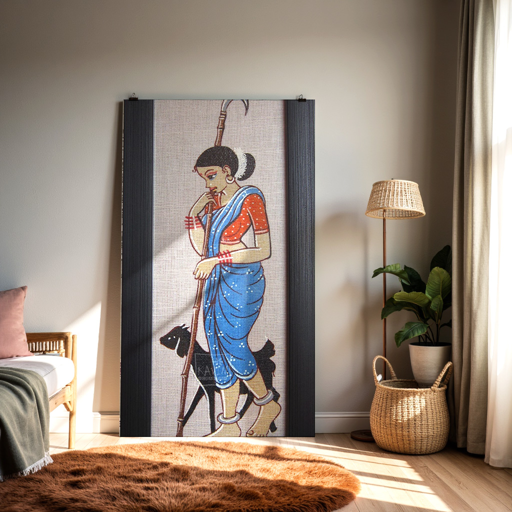 Folk Art Shepherd Woman with Staff – Traditional Rural Figurative Painting — alternate view