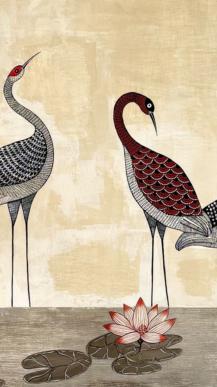Elegant Cranes with Lotus – Traditional Folk Art Bird Painting