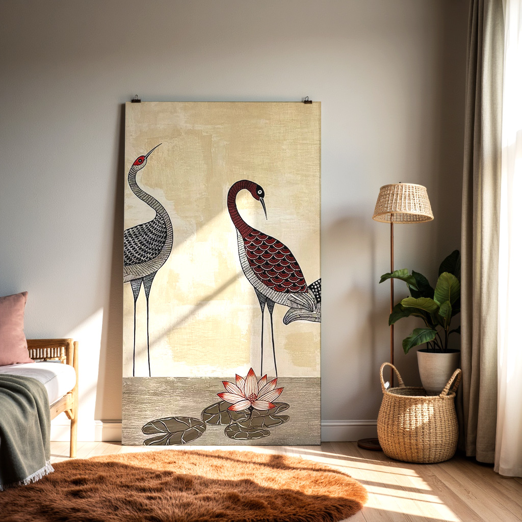 Elegant Cranes with Lotus – Traditional Folk Art Bird Painting — alternate view