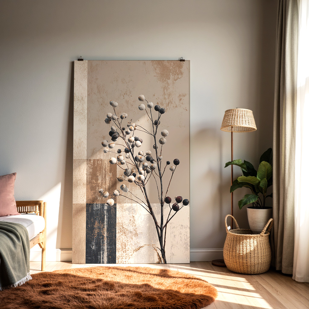 Neutral Botanical Wall Art – Minimal Rustic Berry Stem Print — alternate view