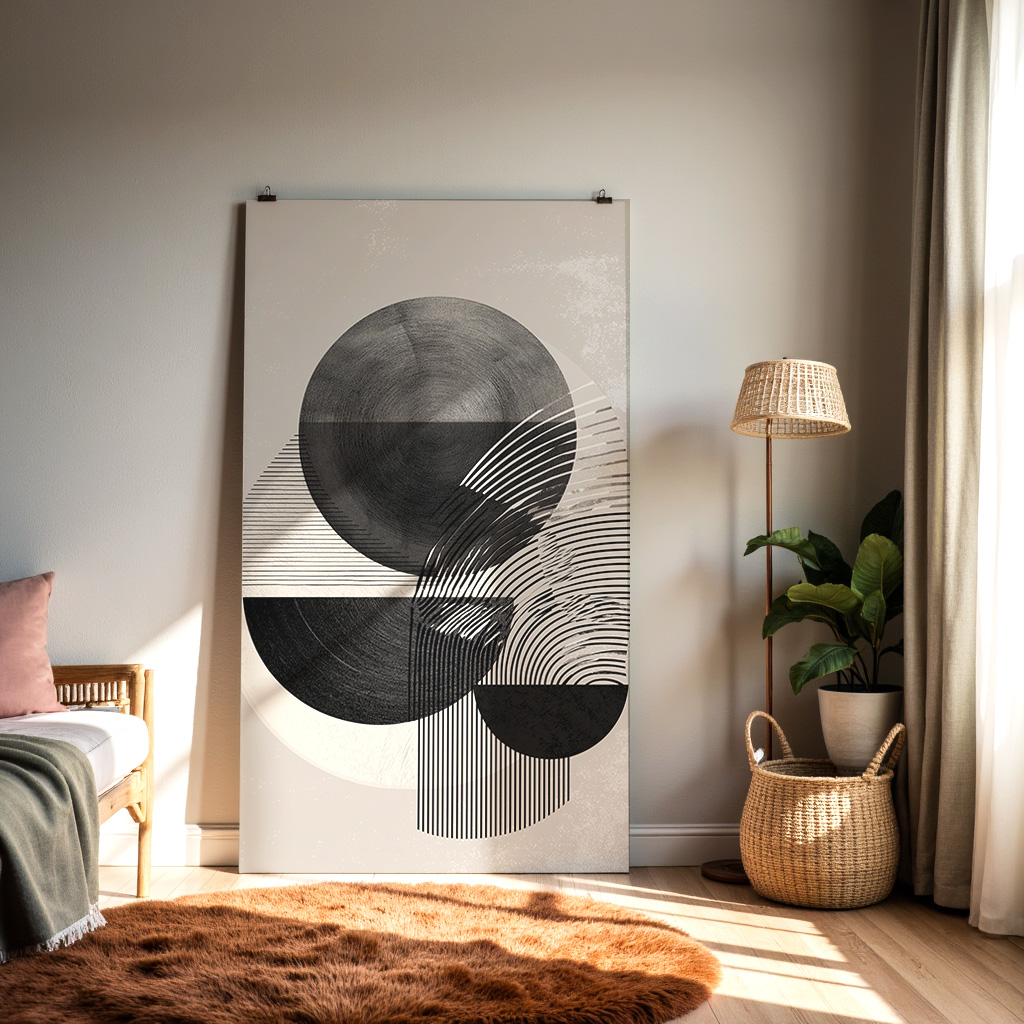 Modern Abstract Geometric Wall Art – Minimalist Monochrome Line & Shape Composition — alternate view