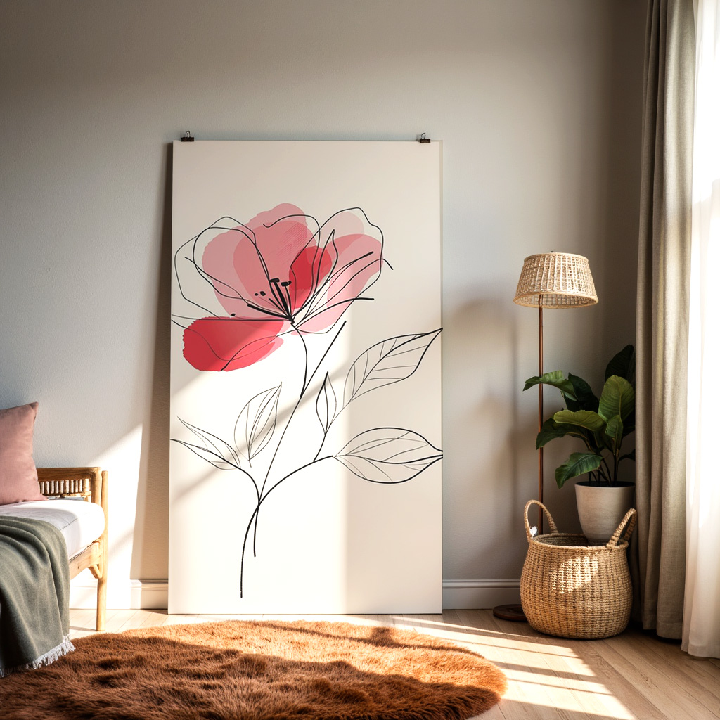 Minimal Line Art Floral Illustration – Red Abstract Flower Wall Art Print — alternate view