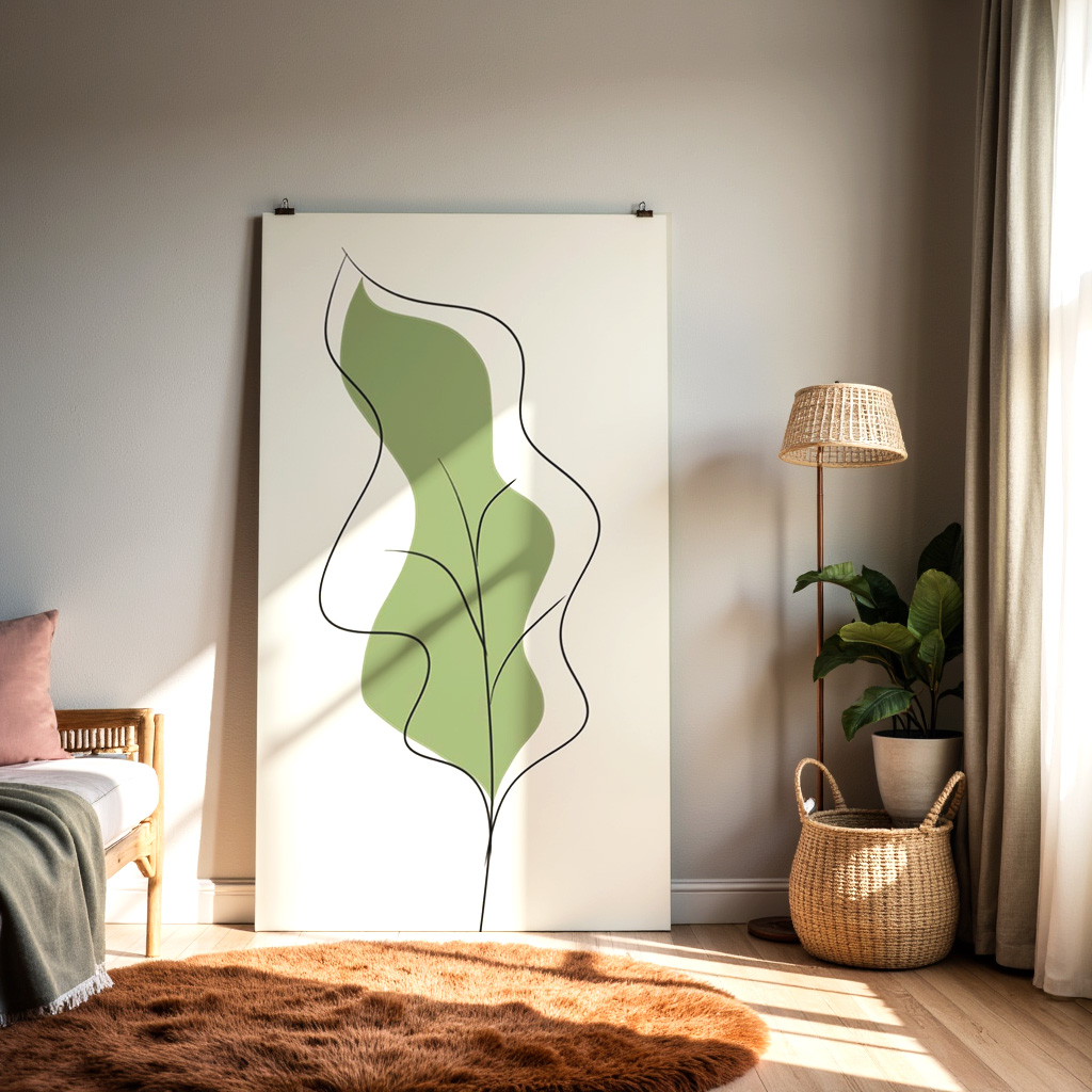 Minimalist Botanical Leaf Line Art – Modern Green Abstract Wall Print — alternate view