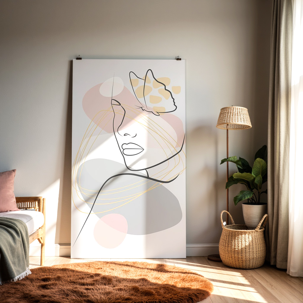 Minimalist Woman & Butterfly Line Art – Soft Abstract Pastel Wall Print — alternate view