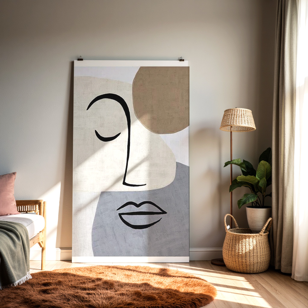 Minimalist Abstract Face Line Art – Modern Neutral Color Block Portrait Print — alternate view
