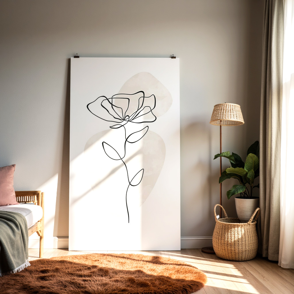 Minimalist One-Line Flower Art Print – Neutral Beige Abstract Botanical Wall Decor — alternate view