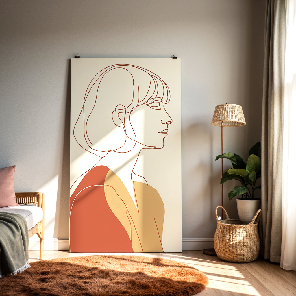 Minimalist One-Line Woman Portrait – Modern Abstract Female Wall Art in Warm Earth Tones — alternate view