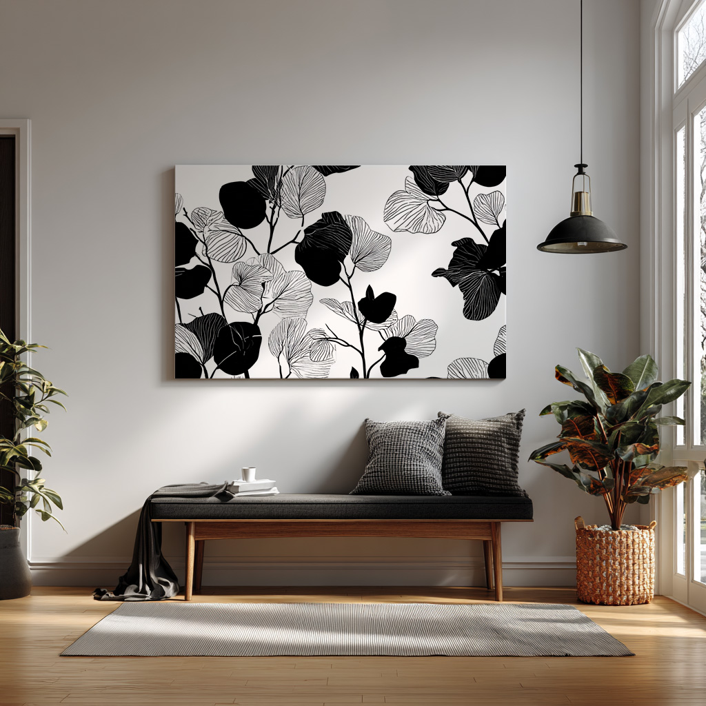 Minimalist Botanical Line Art – Black & White Eucalyptus Pattern Print — alternate view