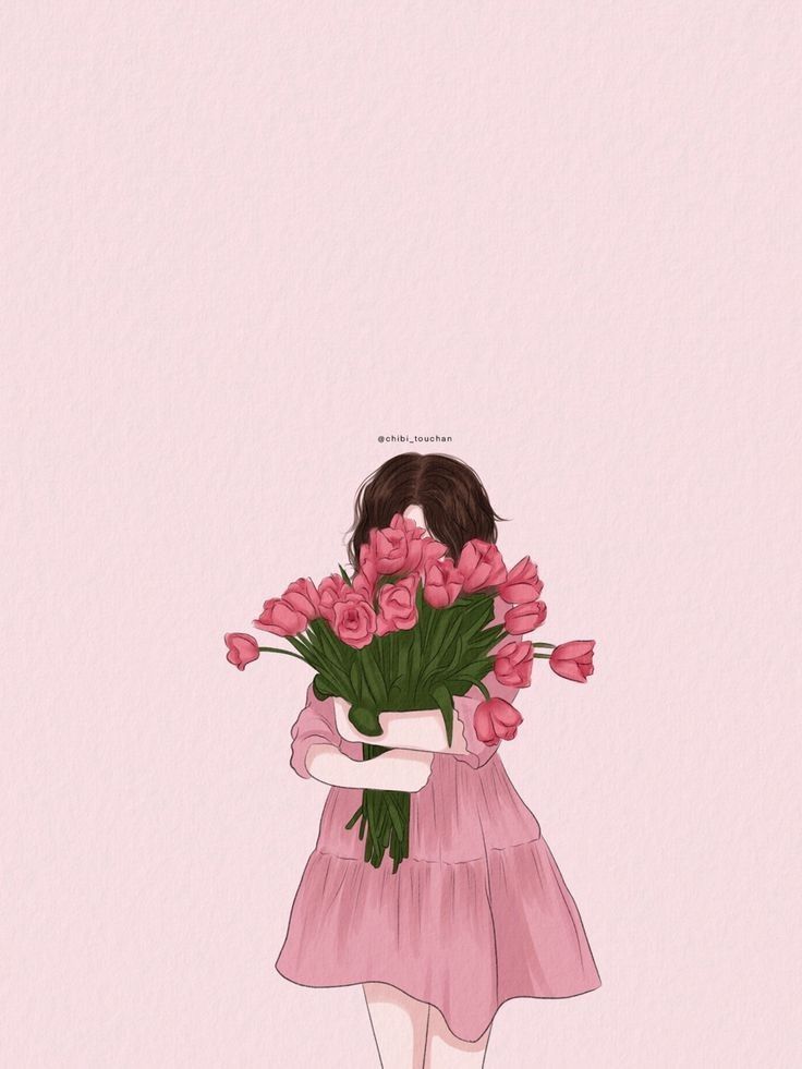 Girl Holding Flowers Wall Art – Cute Pastel Illustration Print